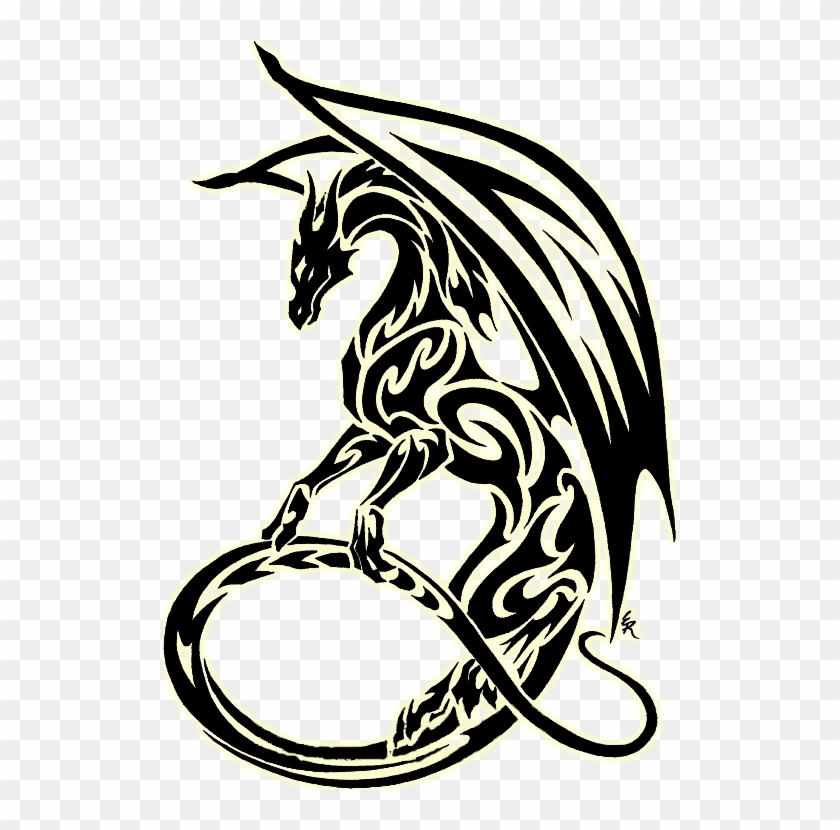 Tribal-style black and white dragon coiled in a loop with ornate flame-like patterns and outstretched wings.