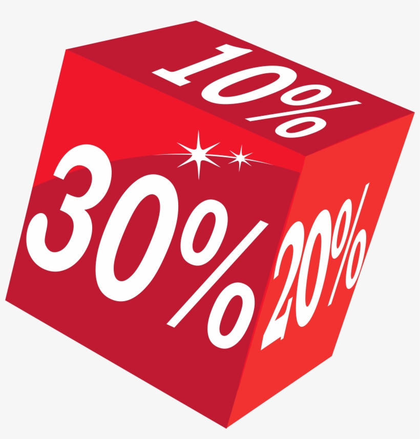 Red 3D cube displaying discount percentages: 30%, 20%, and 10% on visible faces with starburst highlights.