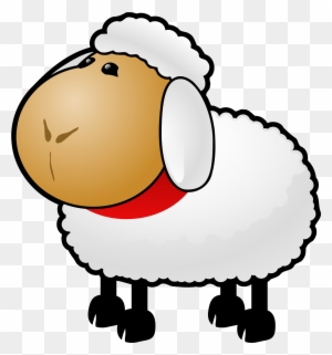 Cartoon sheep with fluffy white wool, brown face, red collar, and black legs on transparent background.