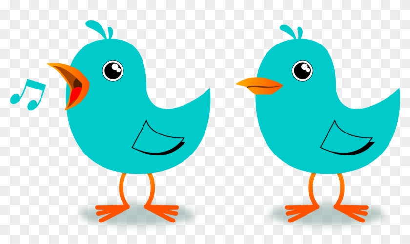 Two cheerful turquoise birds-one singing with musical notes, the other listening-on transparent background.