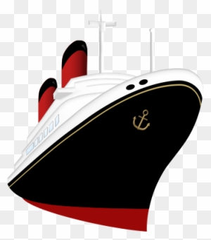 Classic black-and-white cruise ship with red funnels and gold anchor emblem, stylized vector illustration.