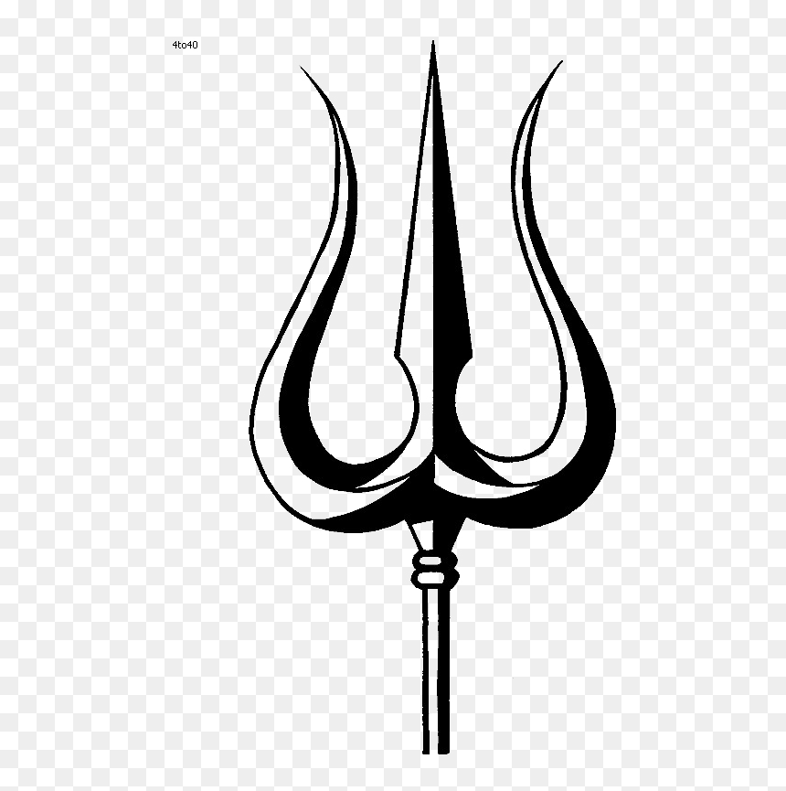 Black-and-white stylized Trishula (trident) symbol of Lord Shiva, with ornate curved prongs and central spike on transparent background.
