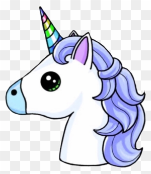 Cute cartoon unicorn head with rainbow horn and purple mane on transparent background.