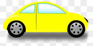 Bright yellow cartoon-style two-door car with black wheels and light blue windows on transparent background.