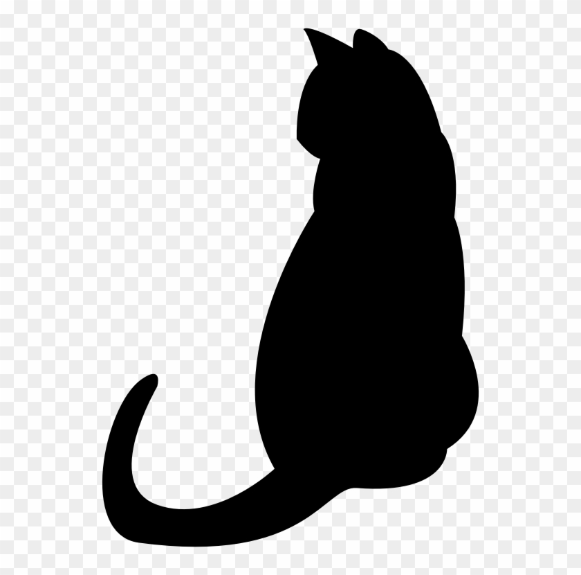 Black silhouette of a seated cat with curved tail, viewed from the side against transparent background.