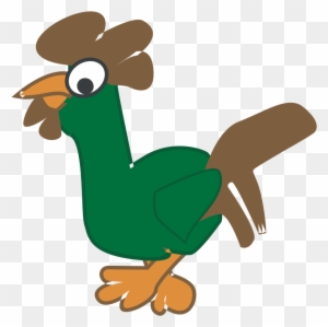 Cartoon green rooster with brown comb and tail, orange beak and feet, large eye, standing on transparent background.