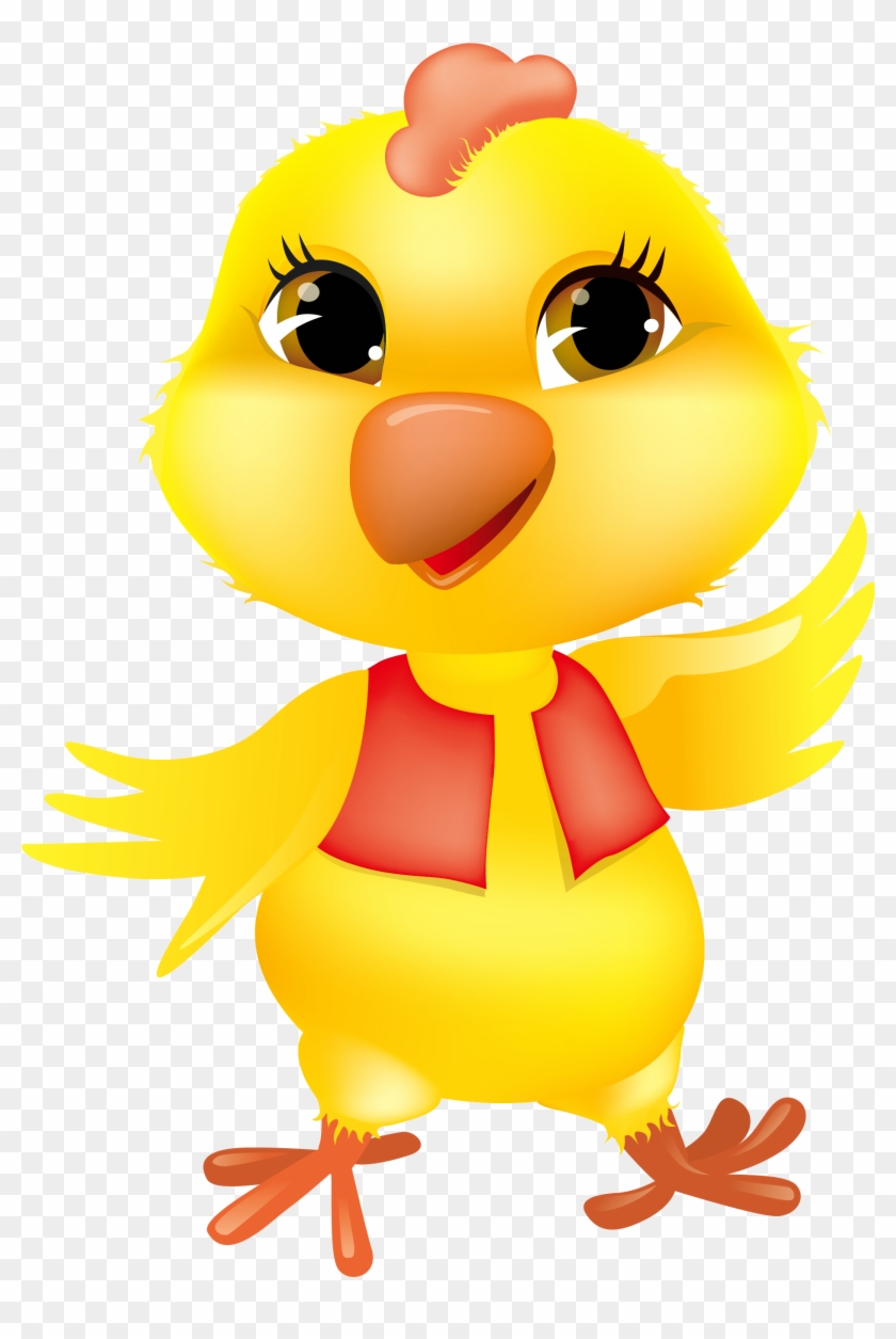 Cute yellow cartoon chick with red scarf, big eyes, and cheerful expression waving its wing.