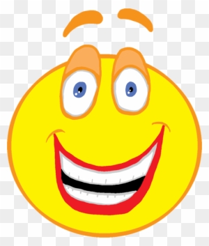 Bright yellow smiling emoji with wide blue eyes, raised eyebrows, and a big toothy grin on transparent background.