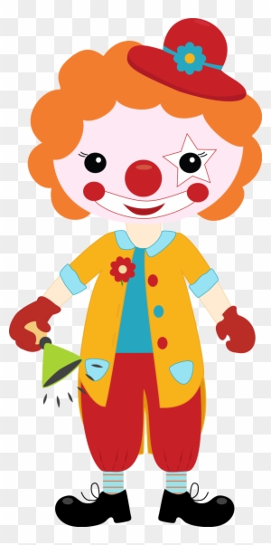 Cheerful cartoon clown with orange hair, red hat, yellow jacket, and watering can, smiling with star eye patch.