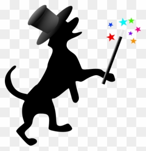 Silhouette of a dog in a top hat performing magic with a wand and sparkling stars.