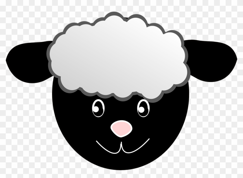 Cute cartoon black sheep face with fluffy white wool, pink nose, and smiling expression on transparent background.