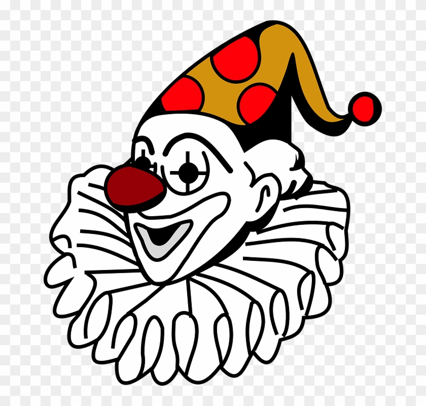Cartoon clown face with red nose, polka-dot hat, and ruffled collar on transparent background.