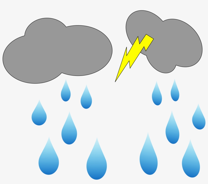 Two gray storm clouds with blue raindrops; one cloud emits a yellow lightning bolt, illustrating rain and thunderstorms.