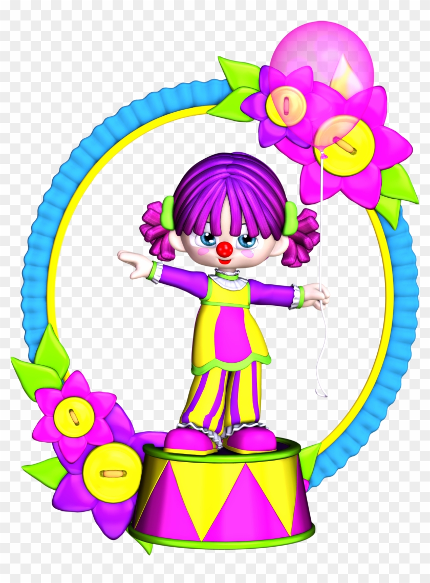 Cheerful purple-haired clown girl on a circus pedestal with floral frame and balloon.
