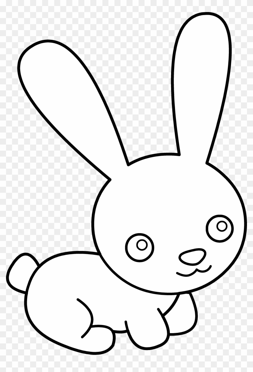 Simple black-and-white line drawing of a cute cartoon bunny sitting with large ears and smiling face.