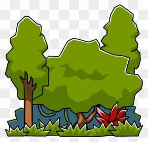 Cartoon-style forest scene with green trees, blue water, red leaf, and grassy foreground.