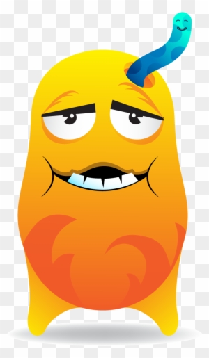 Yellow-orange cartoon monster with skeptical expression, blue worm on head, smiling teeth, transparent background.