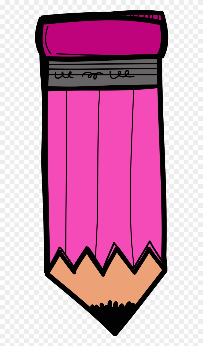 A cartoon-style pink pencil with a gray eraser band and sharpened wooden tip.