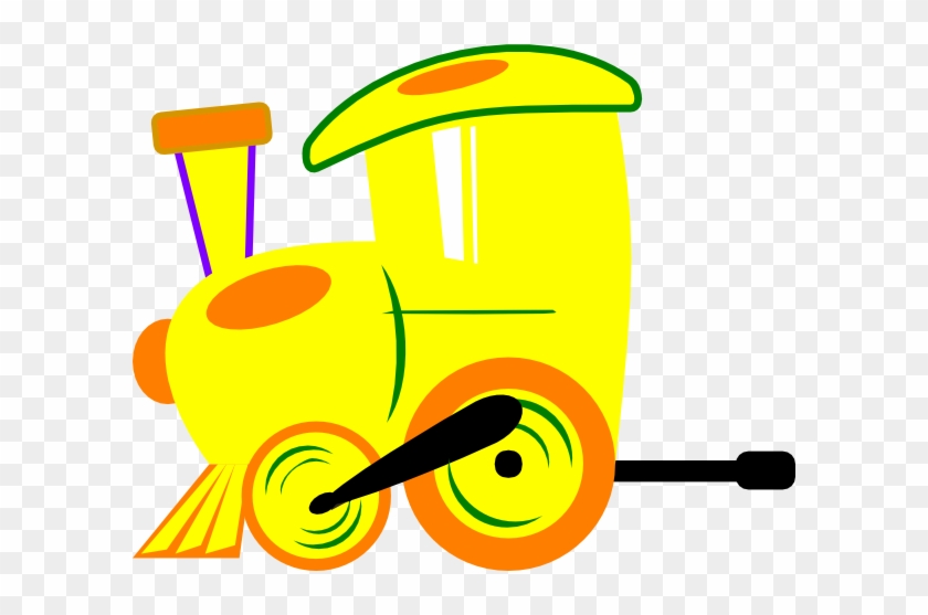 Bright yellow cartoon train with green and orange accents, playful design for children's content.