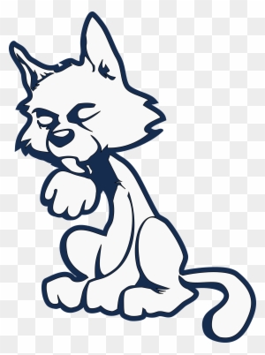 A stylized cartoon cat sitting with one paw raised, eyes closed, in a thoughtful or sleepy pose, outlined in navy blue.