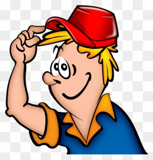 Cartoon man with red cap tipping his hat, smiling, wearing blue shirt with orange collar.