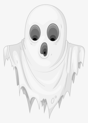 A cartoon-style white ghost with large black eyes and an open mouth, draped in a tattered sheet.