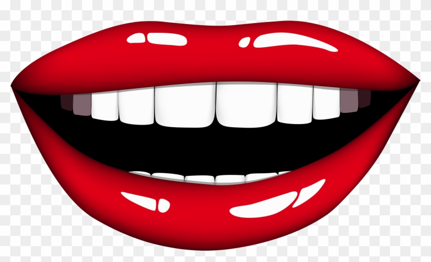 Glossy red lips with white teeth in a wide smile, cartoon-style illustration on transparent background.