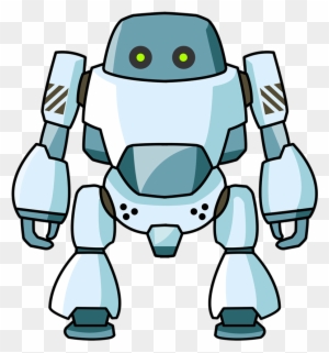Friendly cartoon robot with green eyes, light blue body, and articulated limbs on transparent background.