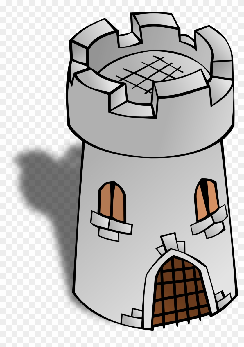 Cartoon-style gray stone castle tower with crenellated top, arched windows, and a barred gate.