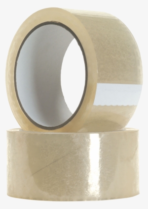 Two rolls of clear packing tape stacked, one upright and one on its side, against a white background.