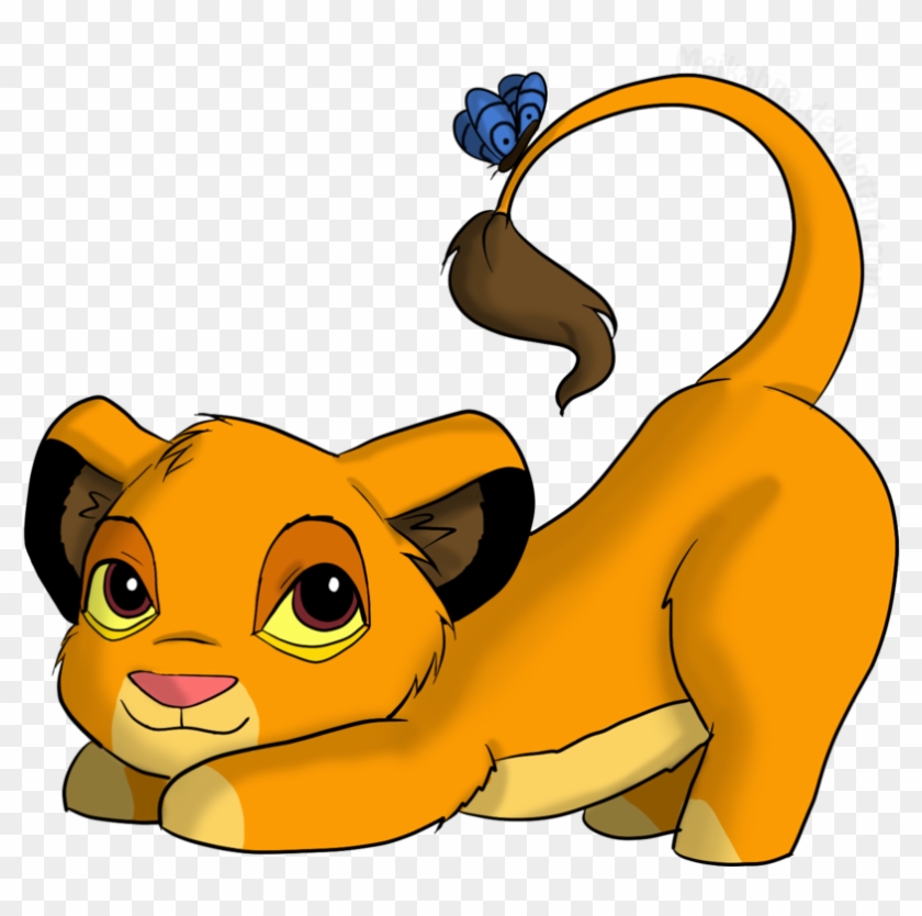 Cute cartoon lion cub with big eyes and a blue butterfly on its tail, lying playfully on transparent background.