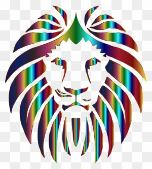 Vibrant rainbow-colored lion head silhouette with stylized mane and fierce expression.