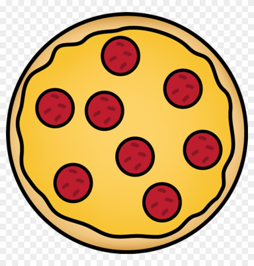Cartoon-style pepperoni pizza with golden crust and eight red pepperoni slices on yellow cheese.