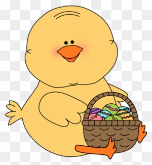 Cute yellow chick holding a basket of colorful Easter eggs on transparent background.