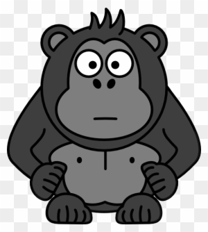 Cartoon gorilla sitting upright with wide eyes and neutral expression, grayscale illustration on transparent background.