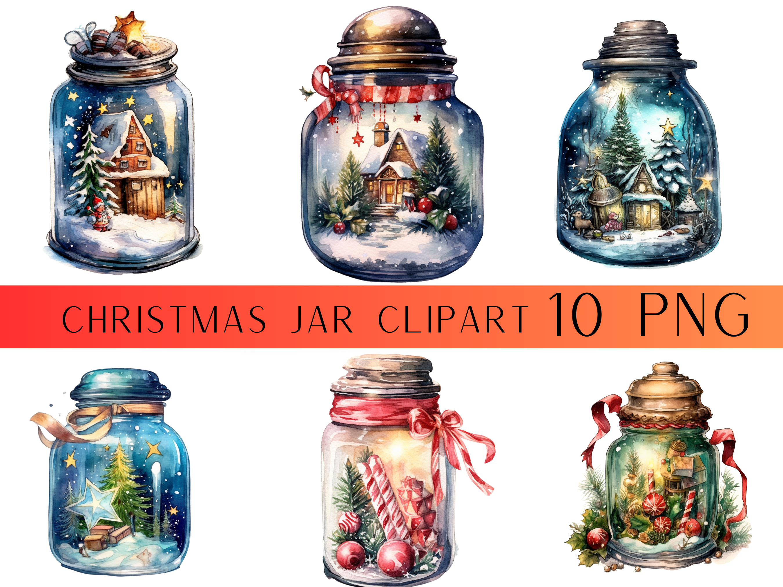 Six watercolor Christmas jar clipart illustrations with snowy cottages, trees, candy canes, and festive decorations inside glass jars.