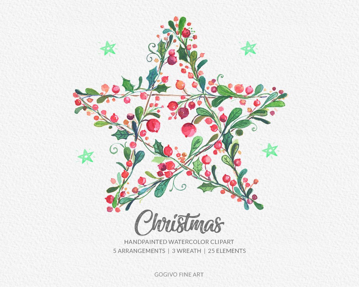 Handpainted watercolor Christmas star made of holly, berries, and greenery with decorative stars and text.