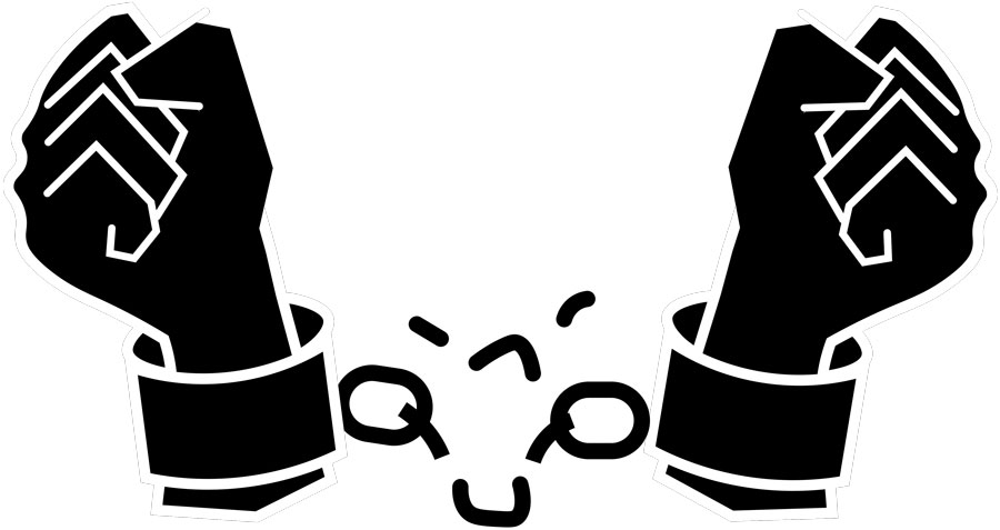 Two raised black fists breaking chains, symbolizing liberation and resistance.