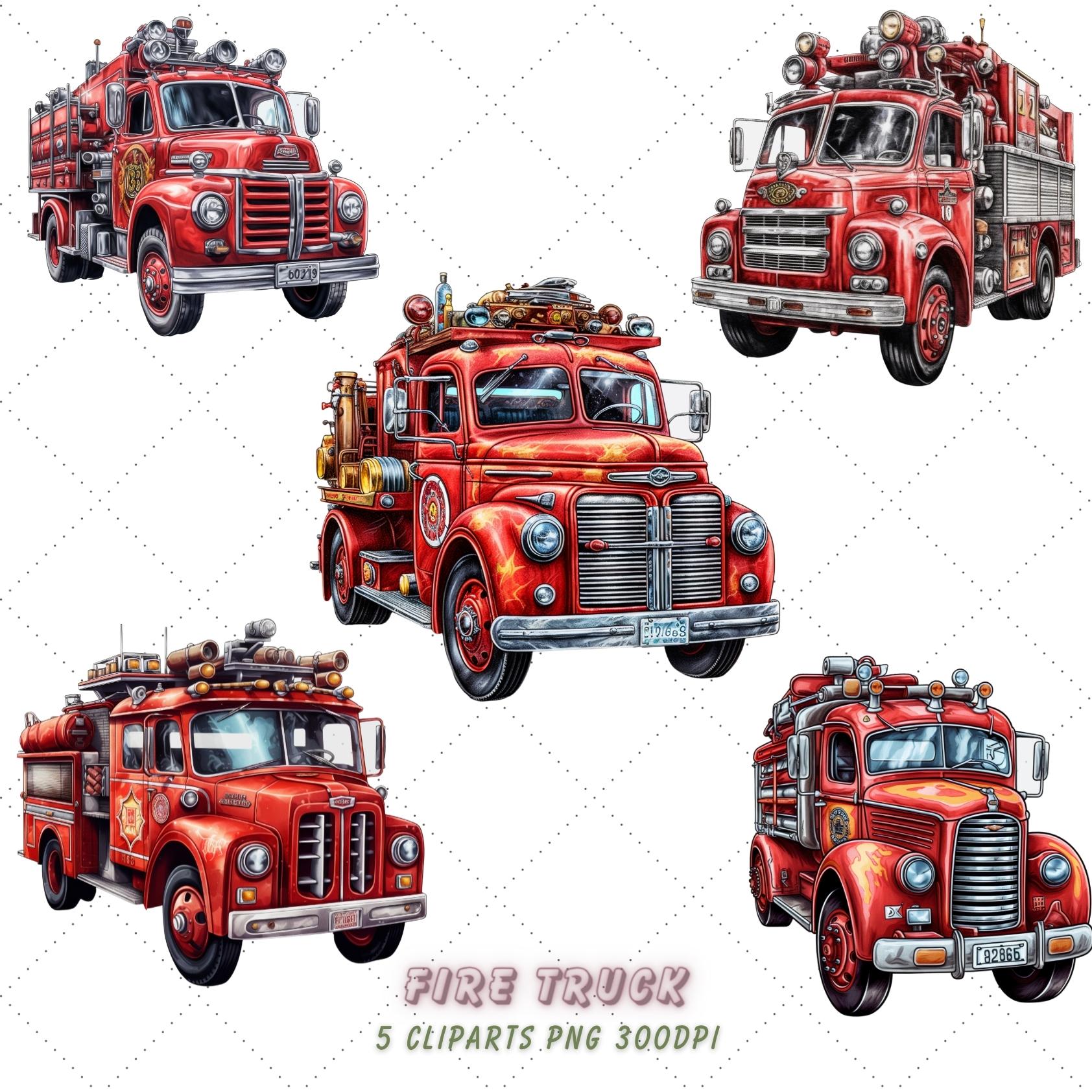 Vintage Fire Truck Clipart Set - High-Resolution PNGs for Design Projects