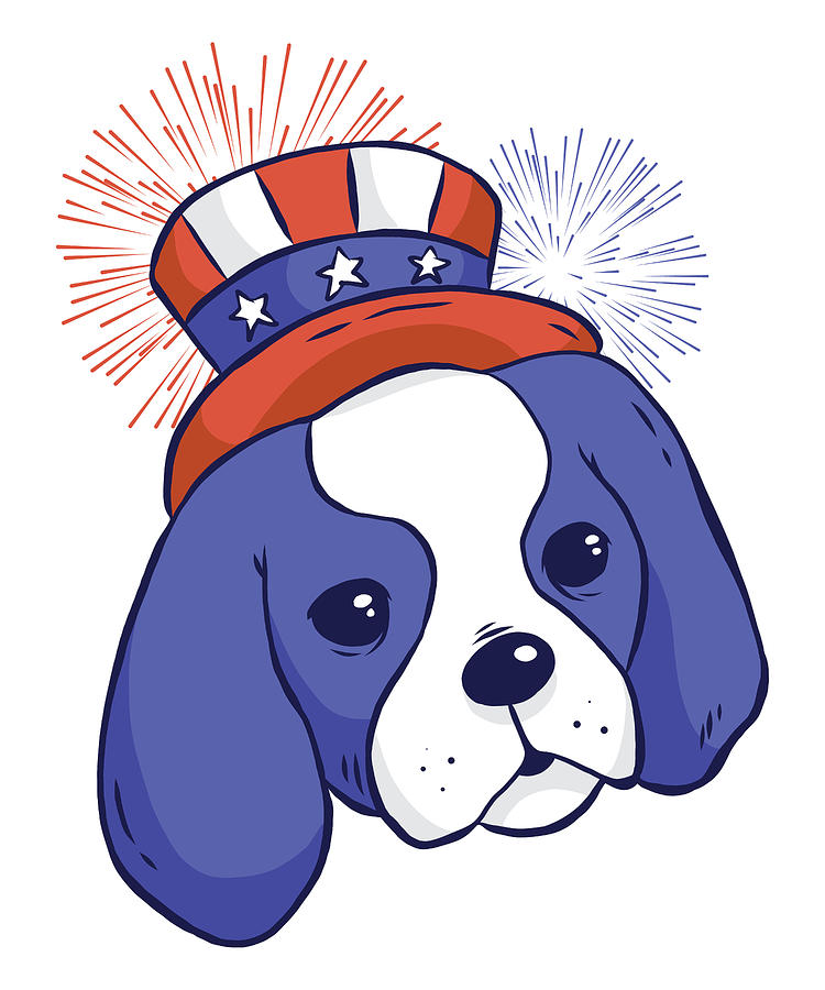 Patriotic blue and white dog wearing an American flag top hat with fireworks.