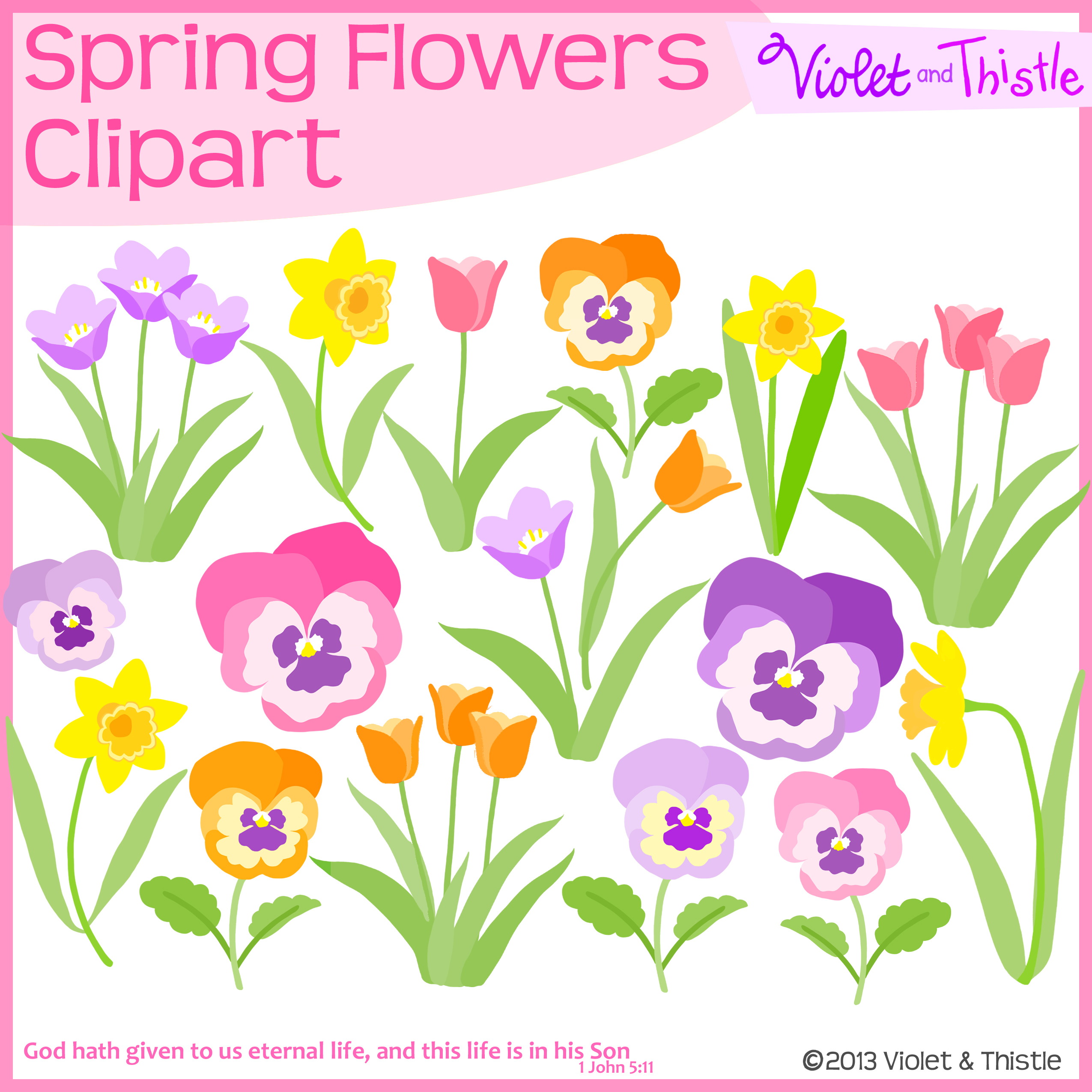 Colorful spring flower clipart featuring tulips, daffodils, and pansies in pastel shades with green stems and leaves.