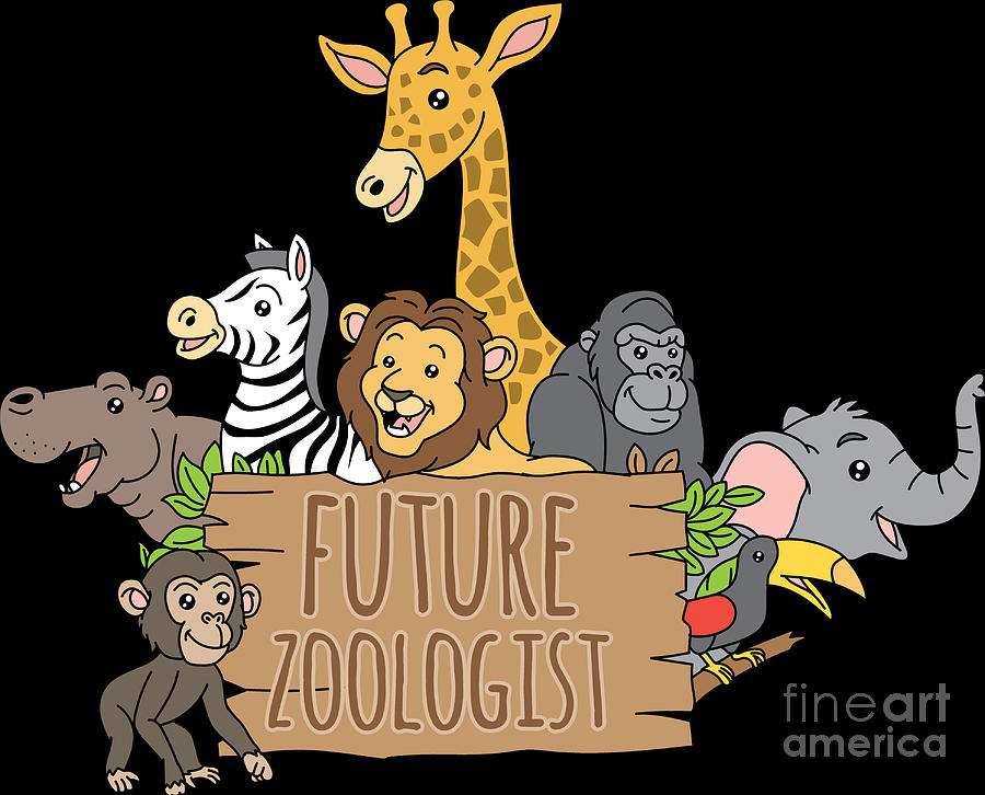 Cartoon animals gathered around a "Future Zoologist" sign, including giraffe, lion, zebra, gorilla, elephant, hippo, monkey, and toucan.