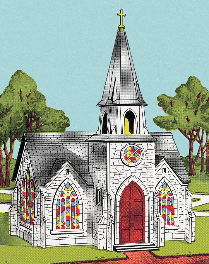 A colorful illustrated stone church with a steeple, stained-glass windows, and red door, set in a green landscape.