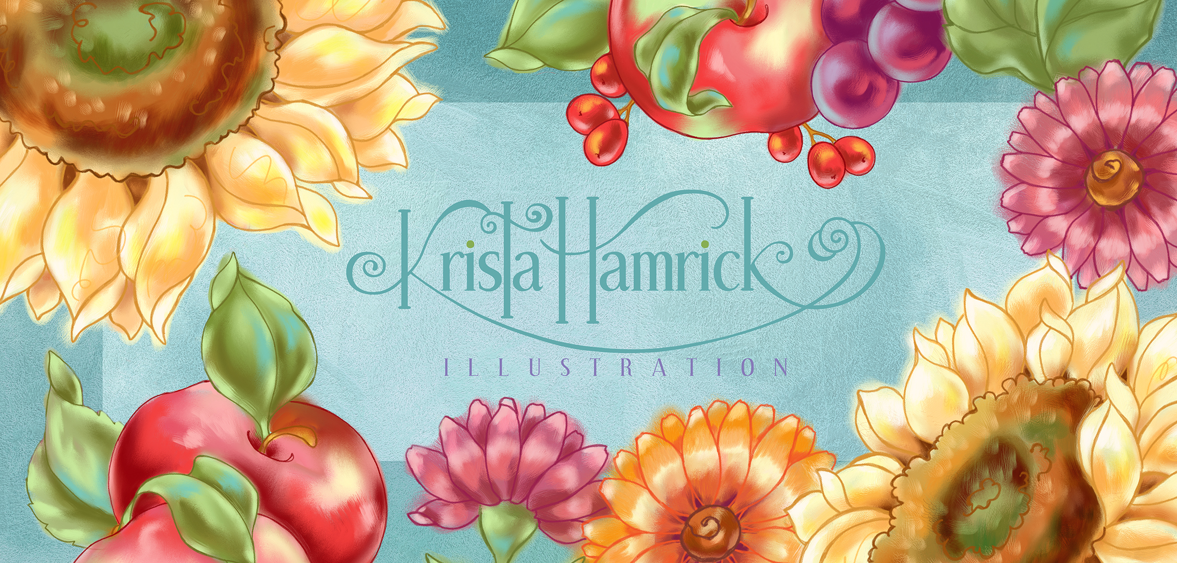Krista Hamrick Illustration logo surrounded by sunflowers, apples, berries, and colorful flowers on a soft blue background.