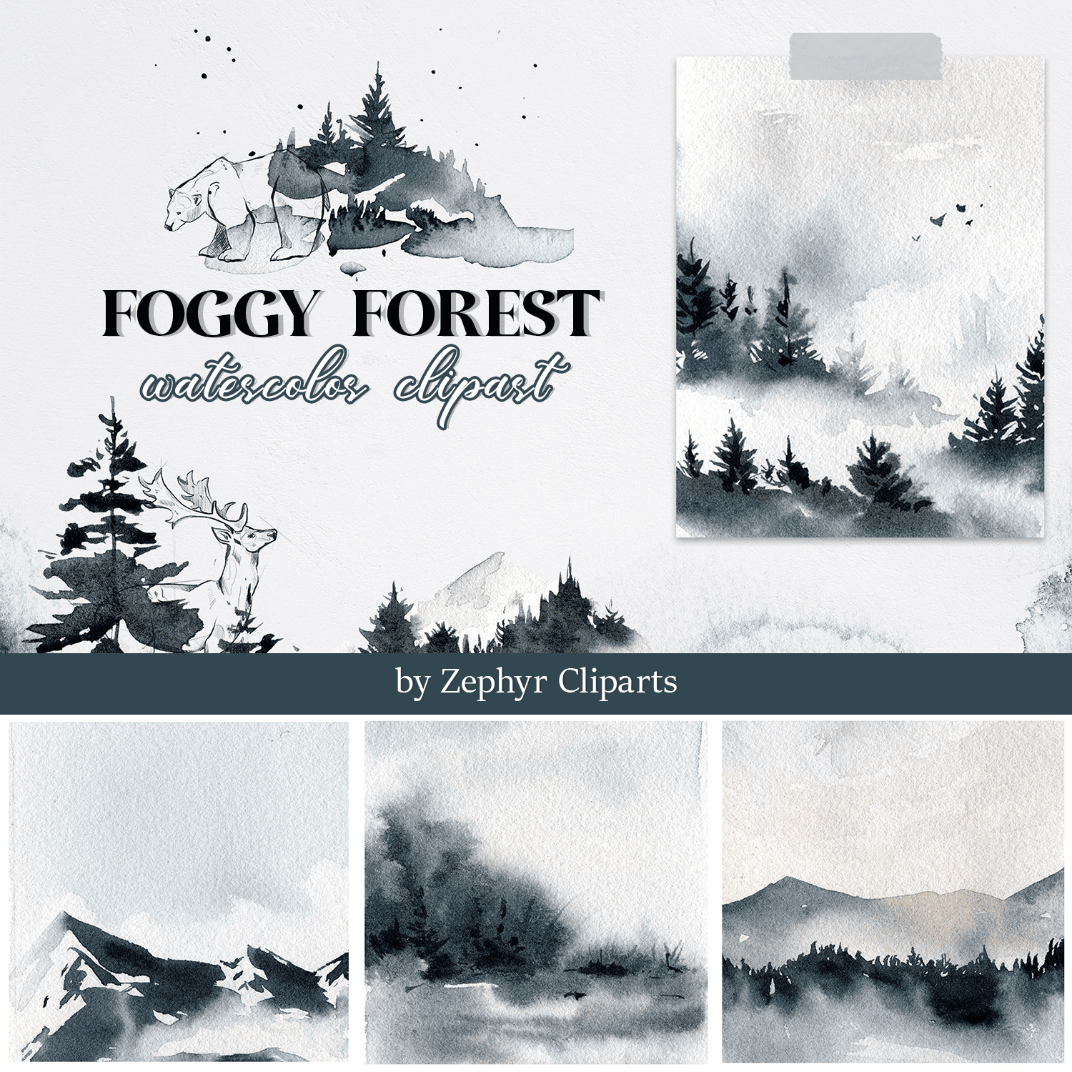 Foggy forest watercolor clipart set featuring bears, deer, pine trees, and misty mountains by Zephyr Cliparts.