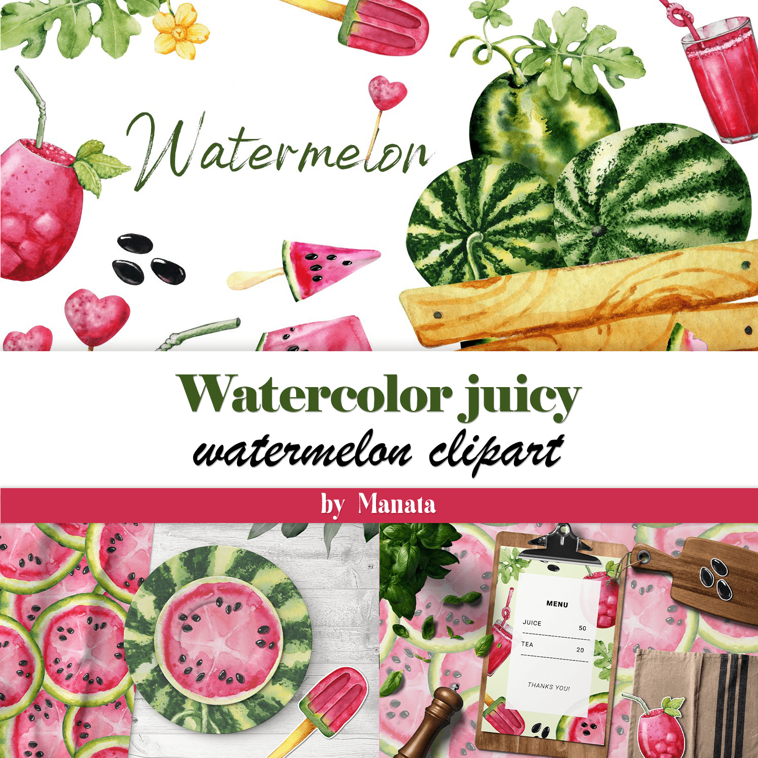 Watercolor watermelon clipart set. Summer juicy watermelons, dessert By ...