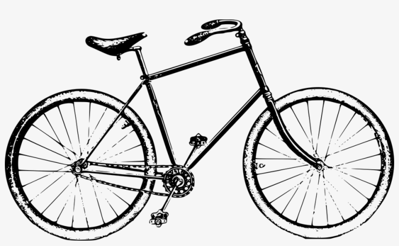 Vintage black-and-white line drawing of a classic safety bicycle with equal-sized wheels, drop handlebars, and chain-driven rear wheel.