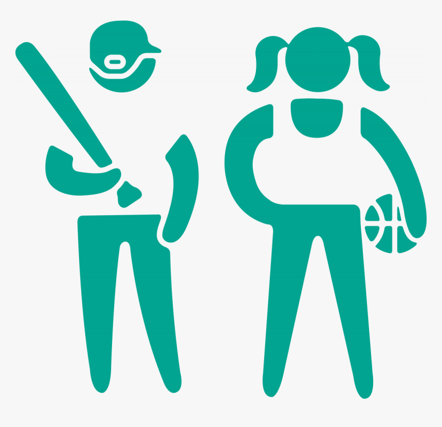 Teal icon of a baseball player with bat and helmet next to a girl with pigtails holding a basketball.