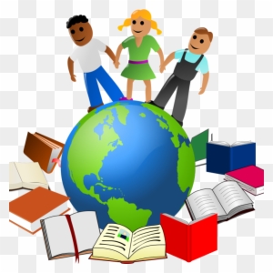 Three diverse children standing on a globe surrounded by open books and educational materials.
