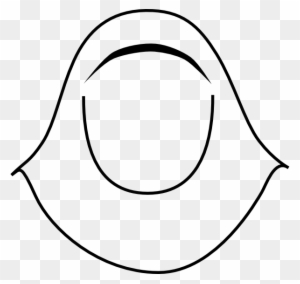 Minimalist black-line illustration of a stylized face or mask with arched brow, open eye, and curved mouth on transparent background.